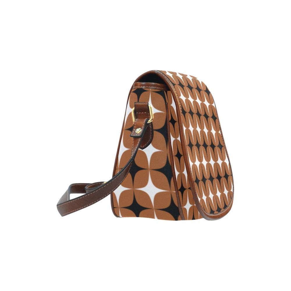 Vintage Saddle Crossbody Bag, Retro Boho Shoulder Purse - Mid-Century Mod Pattern in Brown