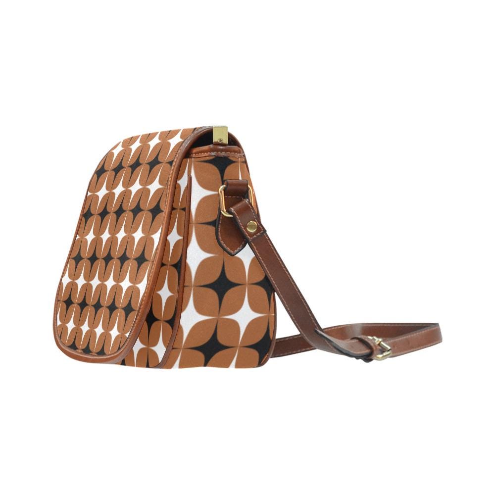 Vintage Saddle Crossbody Bag, Retro Boho Shoulder Purse - Mid-Century Mod Pattern in Brown