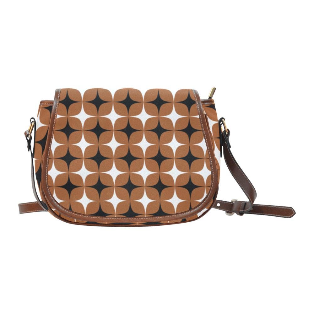 Vintage Saddle Crossbody Bag, Retro Boho Shoulder Purse - Mid-Century Mod Pattern in Brown