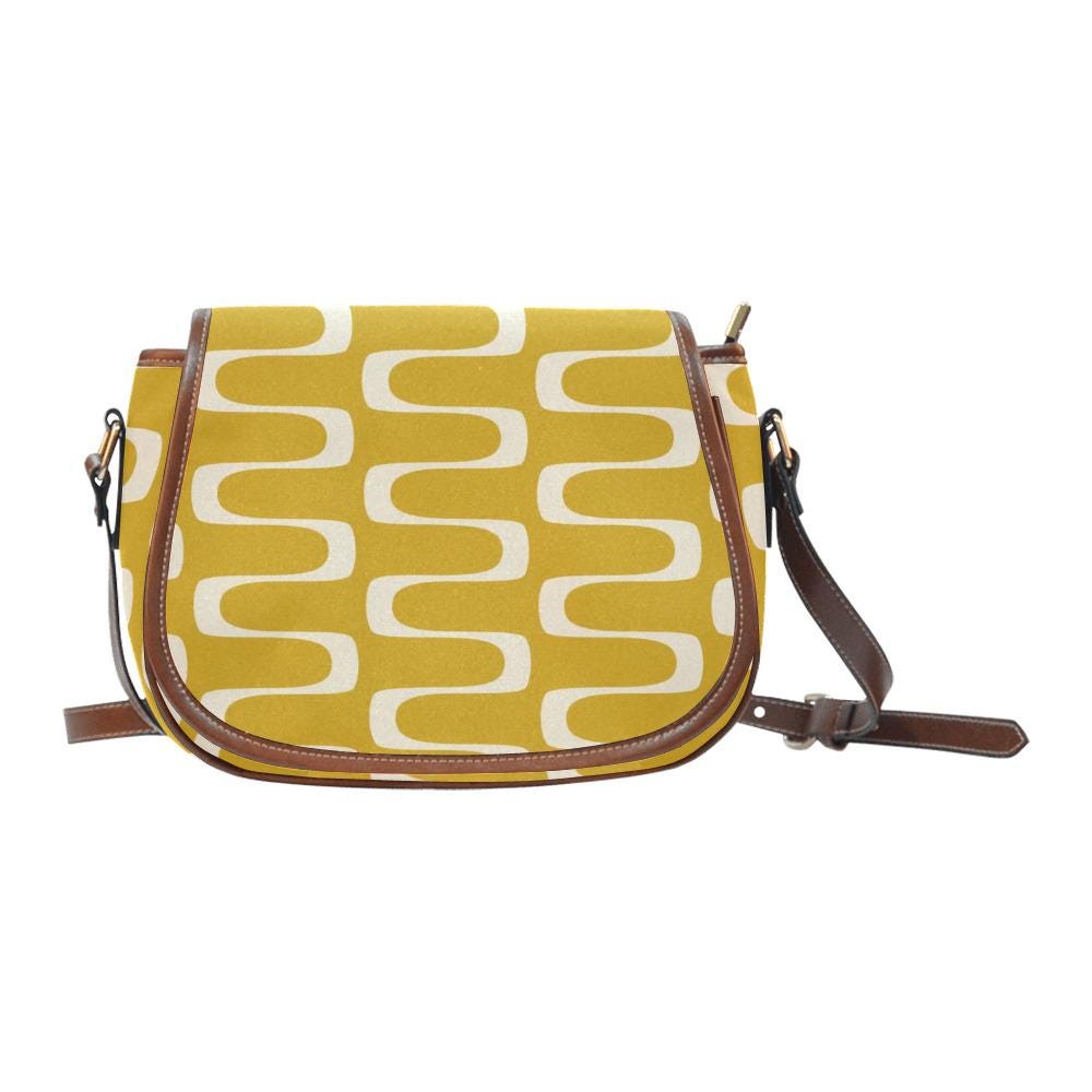 Vintage Saddle Crossbody Bag, Retro Boho Shoulder Purse - Mid-Century Mod Pattern in Mustard