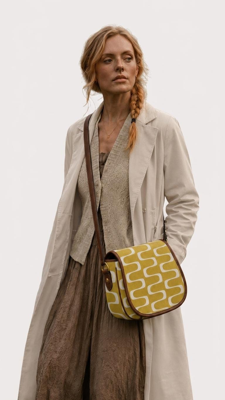 Vintage Saddle Crossbody Bag, Retro Boho Shoulder Purse - Mid-Century Mod Pattern in Mustard