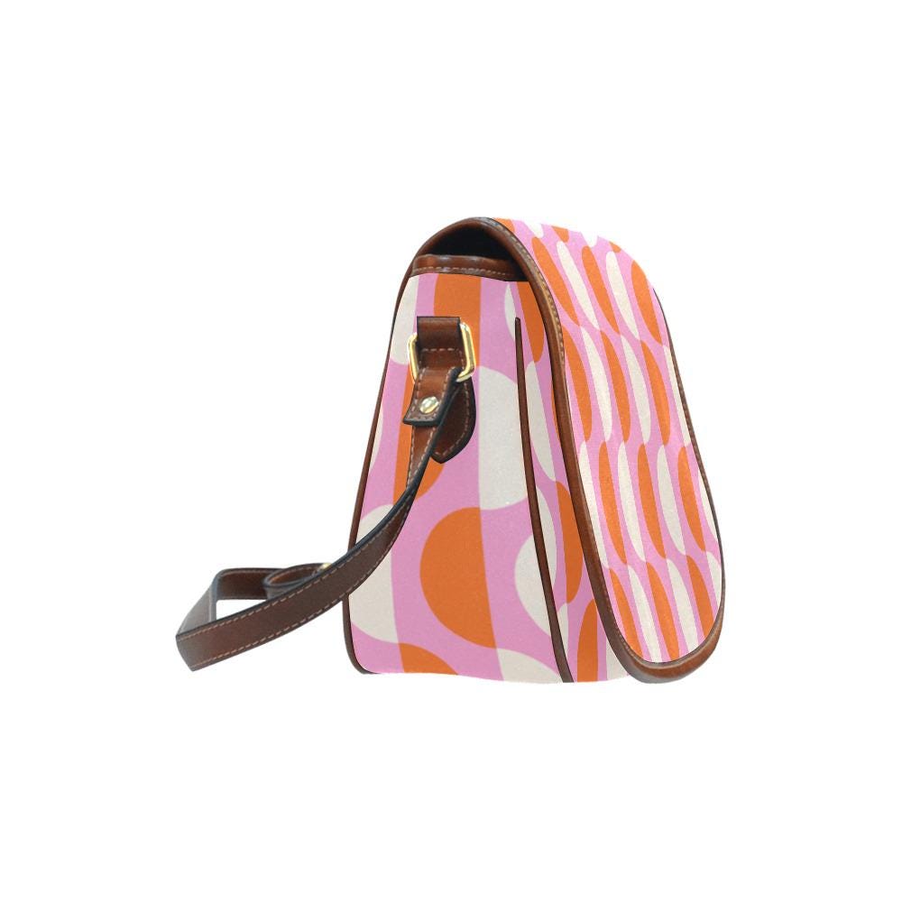 Vintage Saddle Crossbody Bag, Retro Boho Shoulder Purse - Mid-Century Mod Pattern in Pink & Red