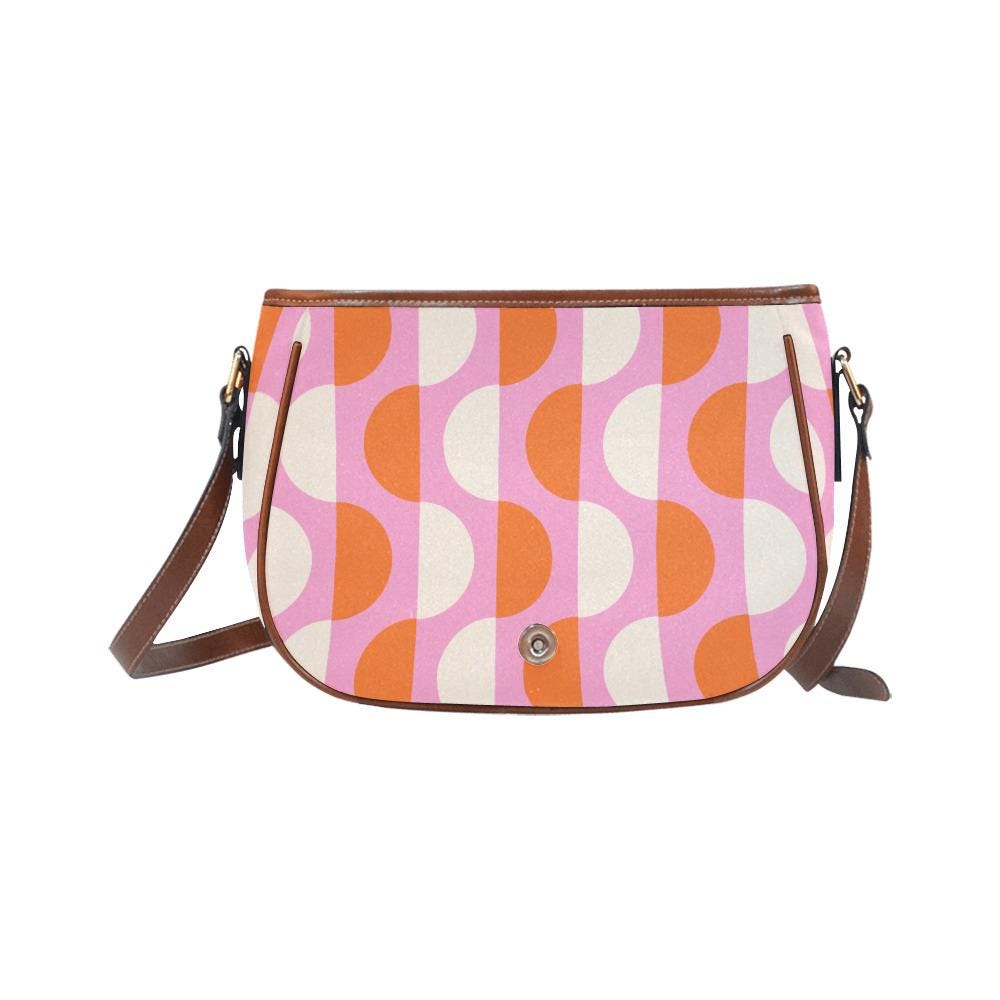 Vintage Saddle Crossbody Bag, Retro Boho Shoulder Purse - Mid-Century Mod Pattern in Pink & Red