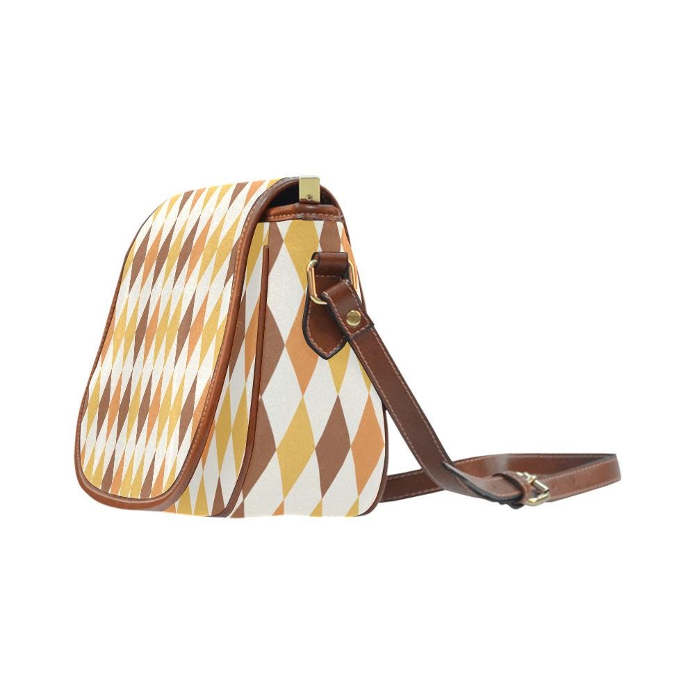 Vintage Saddle Crossbody Bag, Retro Boho Shoulder Purse - Autumnal Argyle