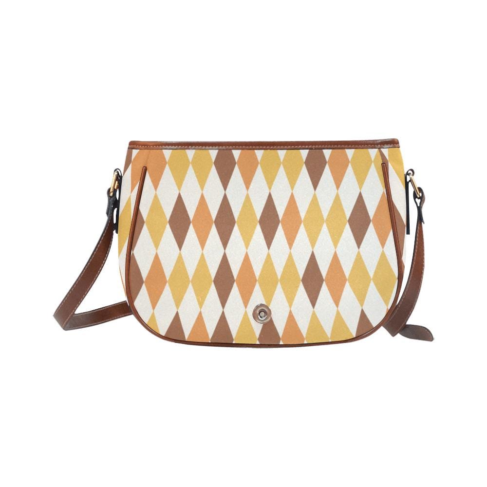 Vintage Saddle Crossbody Bag, Retro Boho Shoulder Purse - Autumnal Argyle