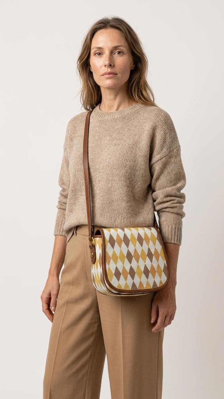 Vintage Saddle Crossbody Bag, Retro Boho Shoulder Purse - Autumnal Argyle