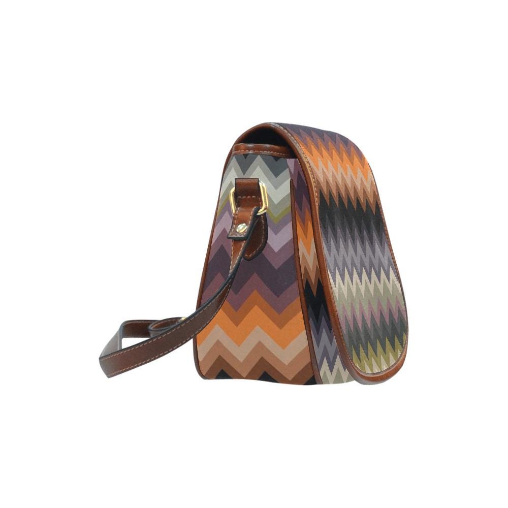 Vintage Saddle Crossbody Bag, Retro Boho Shoulder Purse - Autumnal Chevron