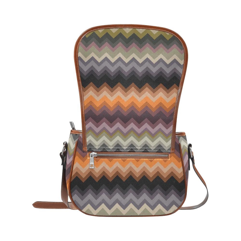 Vintage Saddle Crossbody Bag, Retro Boho Shoulder Purse - Autumnal Chevron