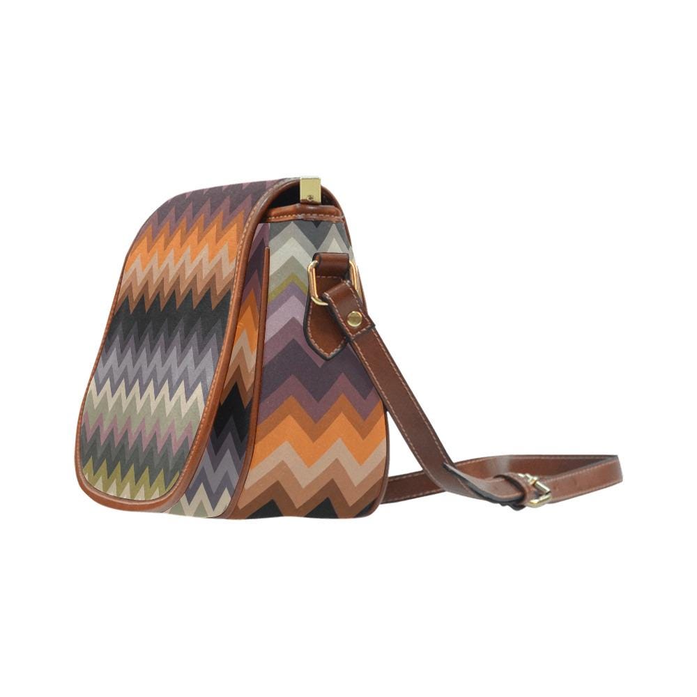 Vintage Saddle Crossbody Bag, Retro Boho Shoulder Purse - Autumnal Chevron