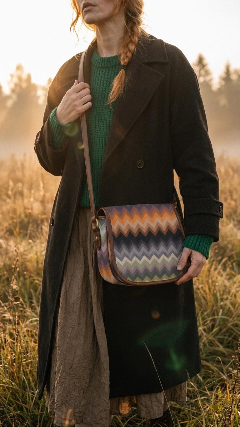 Vintage Saddle Crossbody Bag, Retro Boho Shoulder Purse - Autumnal Chevron