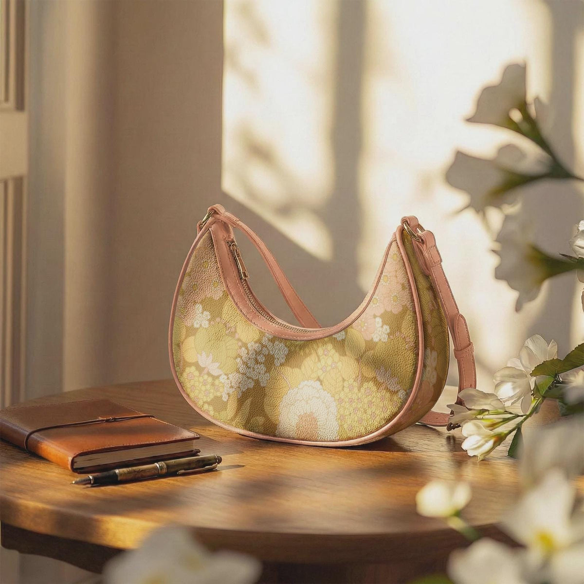 Retro Boho Crescent Underarm Bag - Faded 1970s Memories - Peach