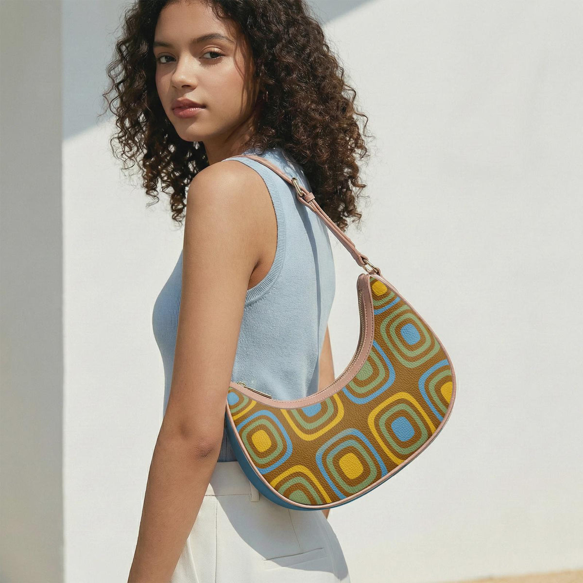 Retro Boho Crescent Underarm Bag - Mid-Century Blobs - Peach or Black Details