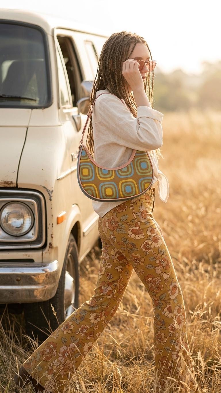 Retro Boho Crescent Underarm Bag - Mid-Century Blobs - Peach or Black Details