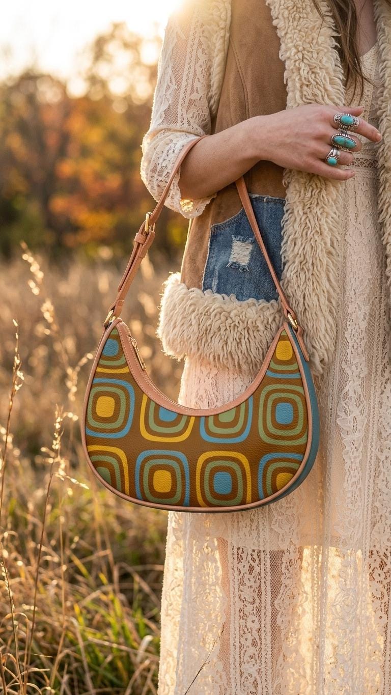 Retro Boho Crescent Underarm Bag - Mid-Century Blobs - Peach or Black Details