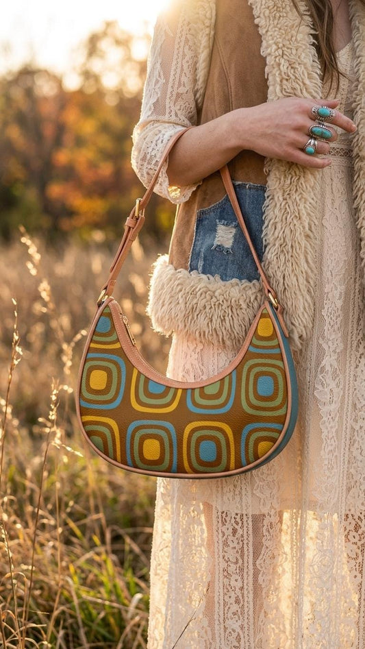 Retro Boho Crescent Underarm Bag - Mid-Century Blobs - Peach or Black Details
