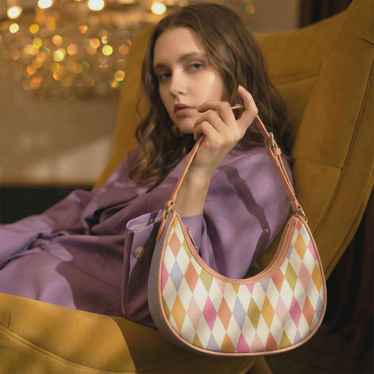 Retro Boho Crescent Underarm Bag - Mid-Century Delicate Argyle - Peach Details