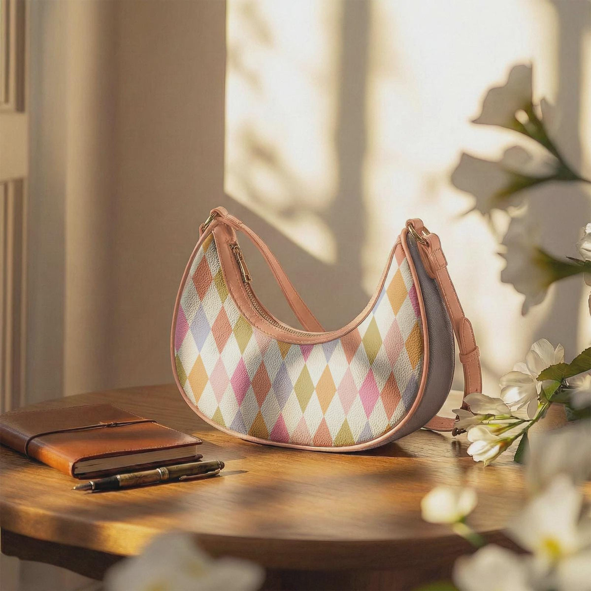 Retro Boho Crescent Underarm Bag - Mid-Century Delicate Argyle - Peach Details