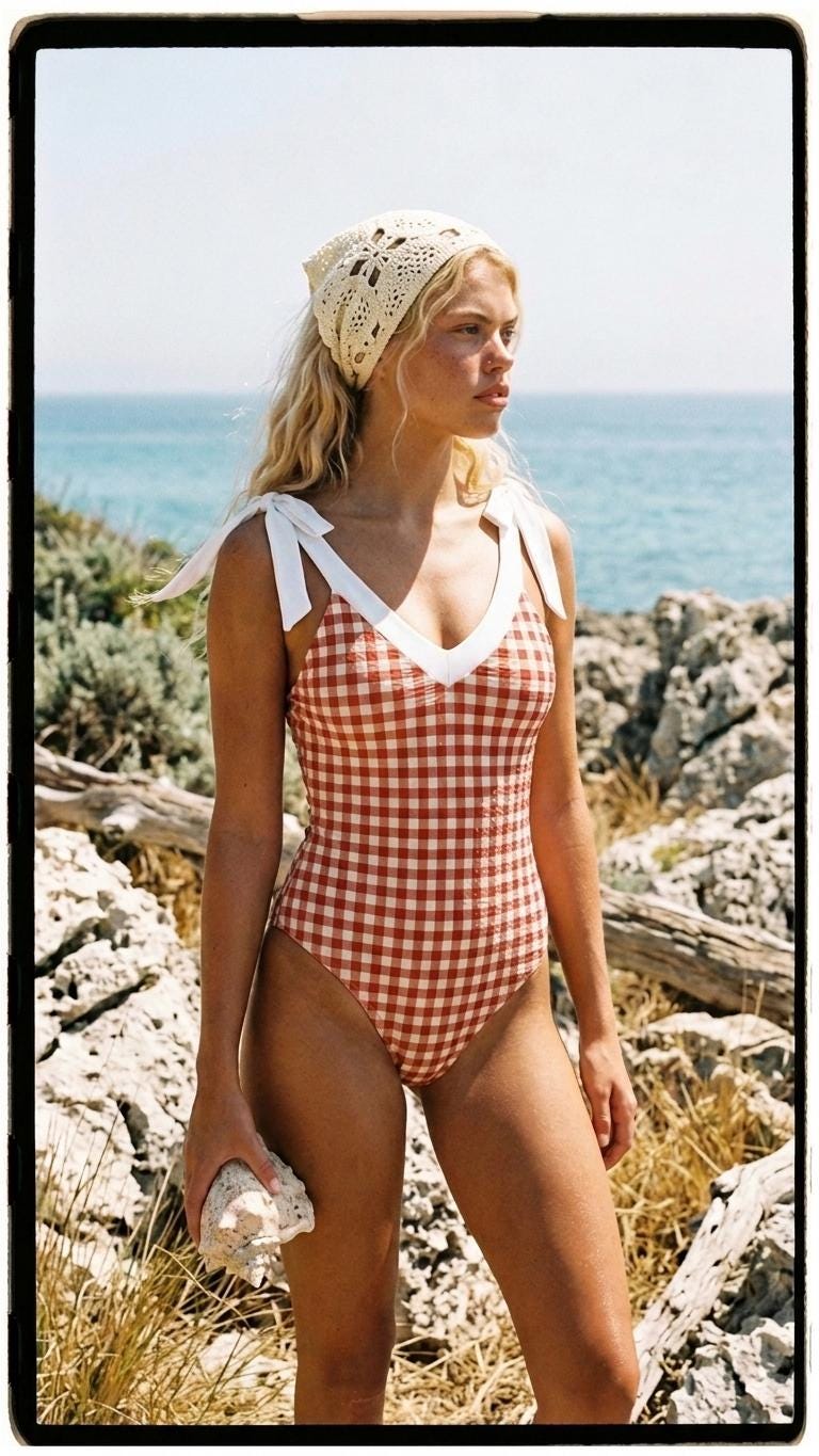 Retro Romantic Gingham Tie Shoulder One-Piece Swimsuit, Built-In Chest Pads, S-5XL, Red