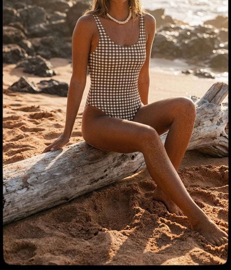 Classic One-Piece Swimsuit – Scoop Back Swimwear, Brown Gingham, S–5XL