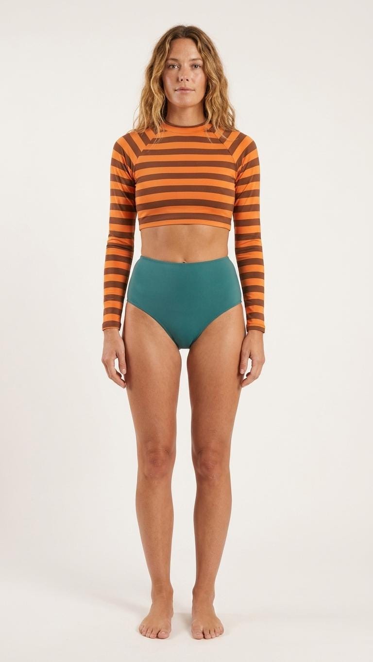70s Retro Surf Sporty Long-Sleeve Rash-Guard Bikini | High-Waist Two-Piece Swimsuit | Various Colour Combinations