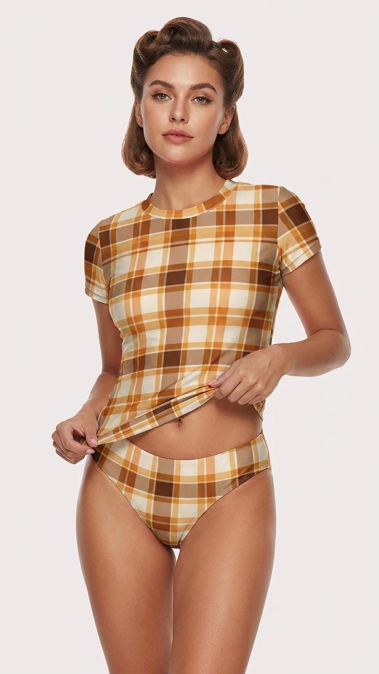 Chic Minimalist Tankini – Stylish Short-Sleeve Rash-Guard Swim-Top & Briefs Swimsuit | Retro Autumnal Plaid