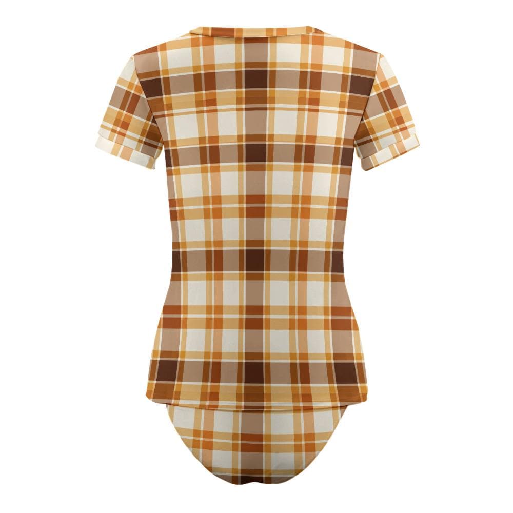 Chic Minimalist Tankini – Stylish Short-Sleeve Rash-Guard Swim-Top & Briefs Swimsuit | Retro Autumnal Plaid