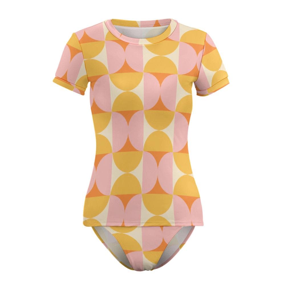 Chic Minimalist Tankini – Short Sleeve Rash-Guard Swim-Top & Briefs Swimsuit | Retro Mod-Style, Pink and Orange