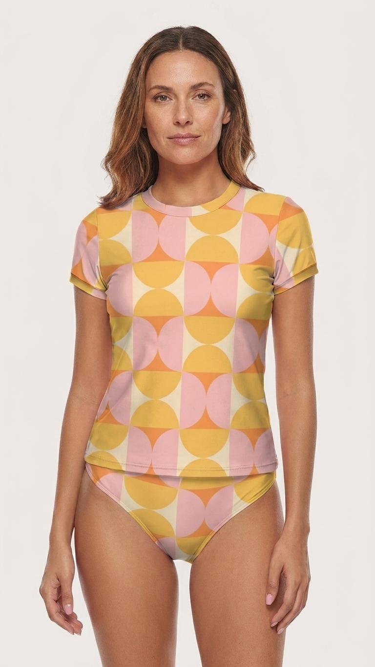 Chic Minimalist Tankini – Short Sleeve Rash-Guard Swim-Top & Briefs Swimsuit | Retro Mod-Style, Pink and Orange