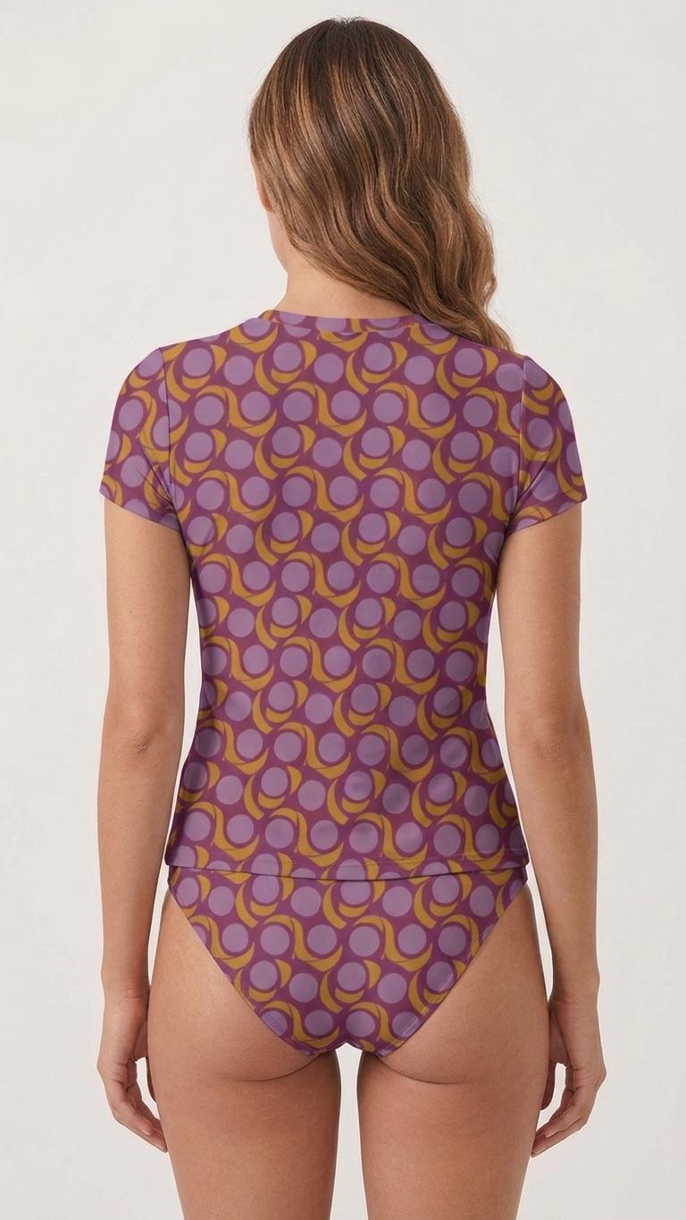 Chic Minimalist Tankini – Short Sleeve Rash-Guard Swim-Top & Briefs Swimsuit | Retro Mod-Style Mid-Century Purple