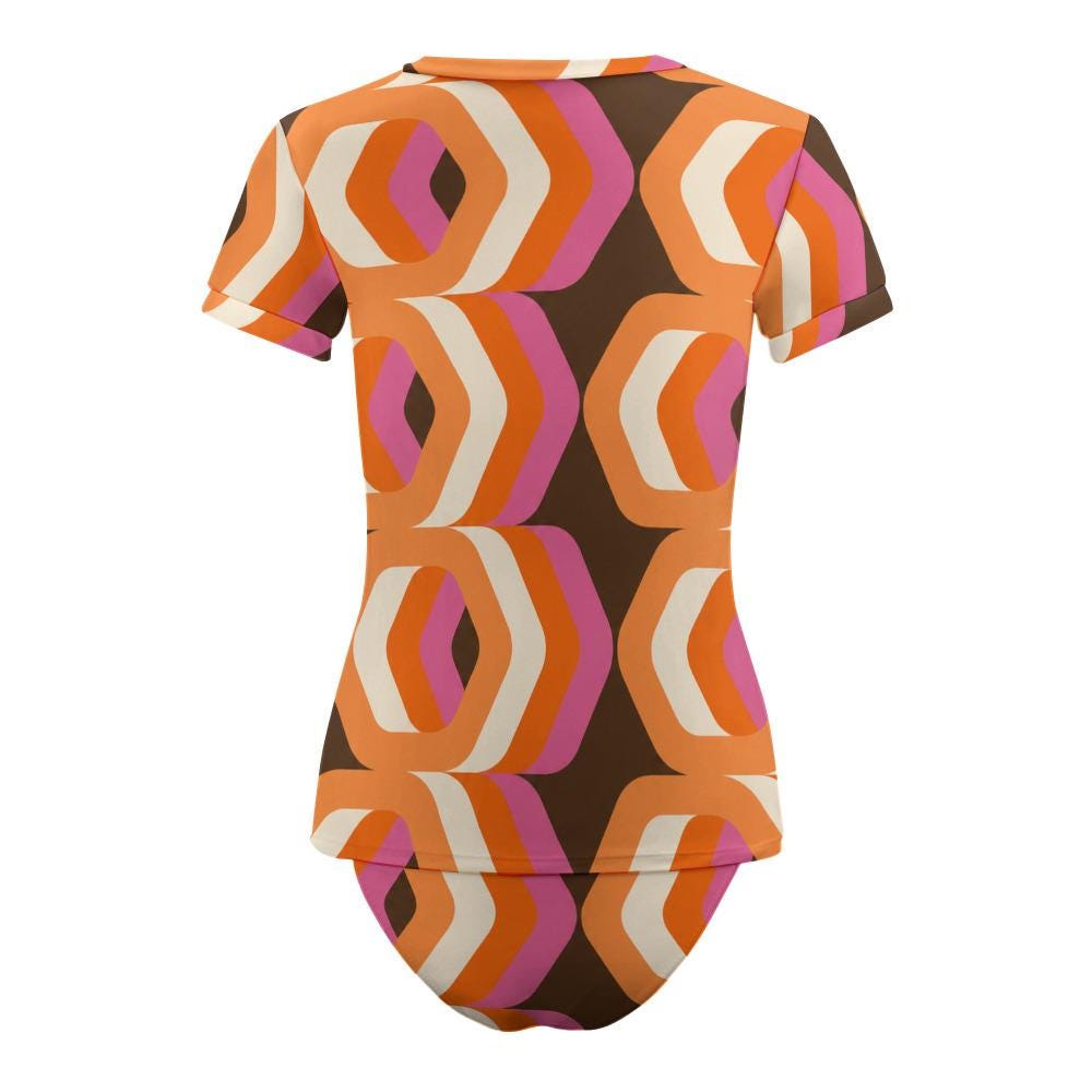 Short Sleeve Rash-Guard Swim-Top & Briefs Tankini Swimsuit | Retro Mod-Style Mid-Century Brown and Orange