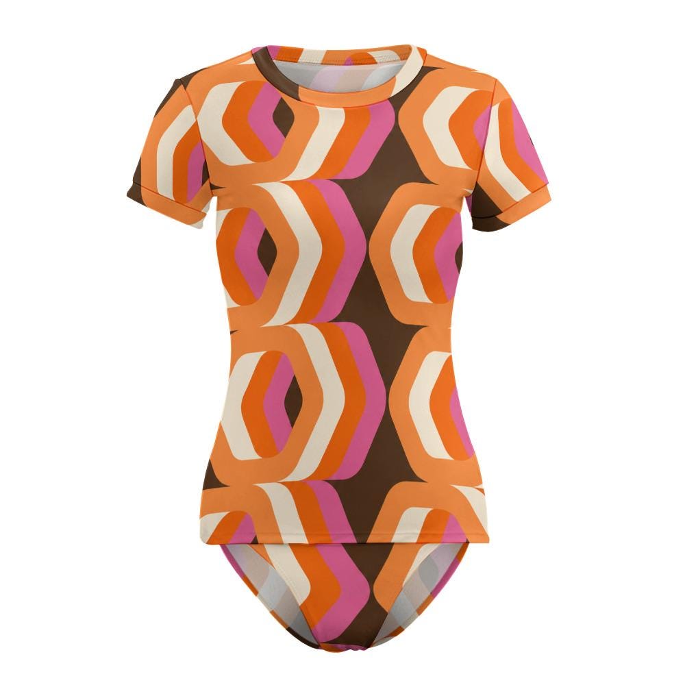 Short Sleeve Rash-Guard Swim-Top & Briefs Tankini Swimsuit | Retro Mod-Style Mid-Century Brown and Orange