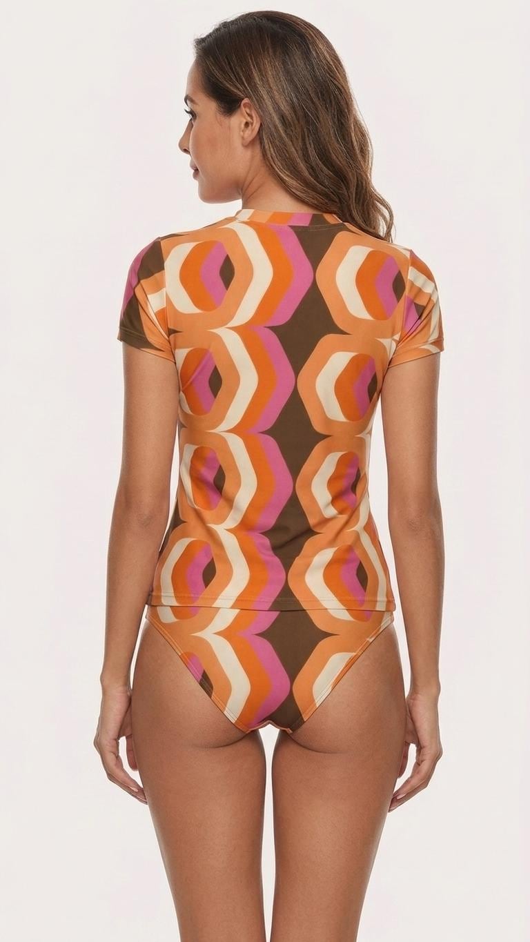 Short Sleeve Rash-Guard Swim-Top & Briefs Tankini Swimsuit | Retro Mod-Style Mid-Century Brown and Orange
