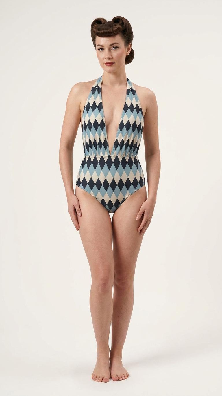 Retro Monroe Navy Blue Argyle Mid-Century Halter Plunge One-Piece Swimsuit