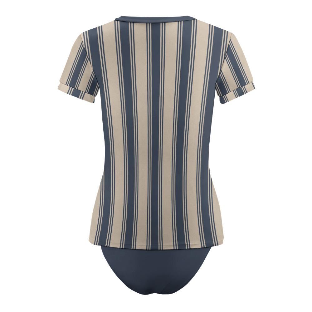 Chic Minimalist Tankini – Stylish Short-Sleeve Rash-Guard Swim-Top & Briefs Swimsuit | Retro Blue Stripes