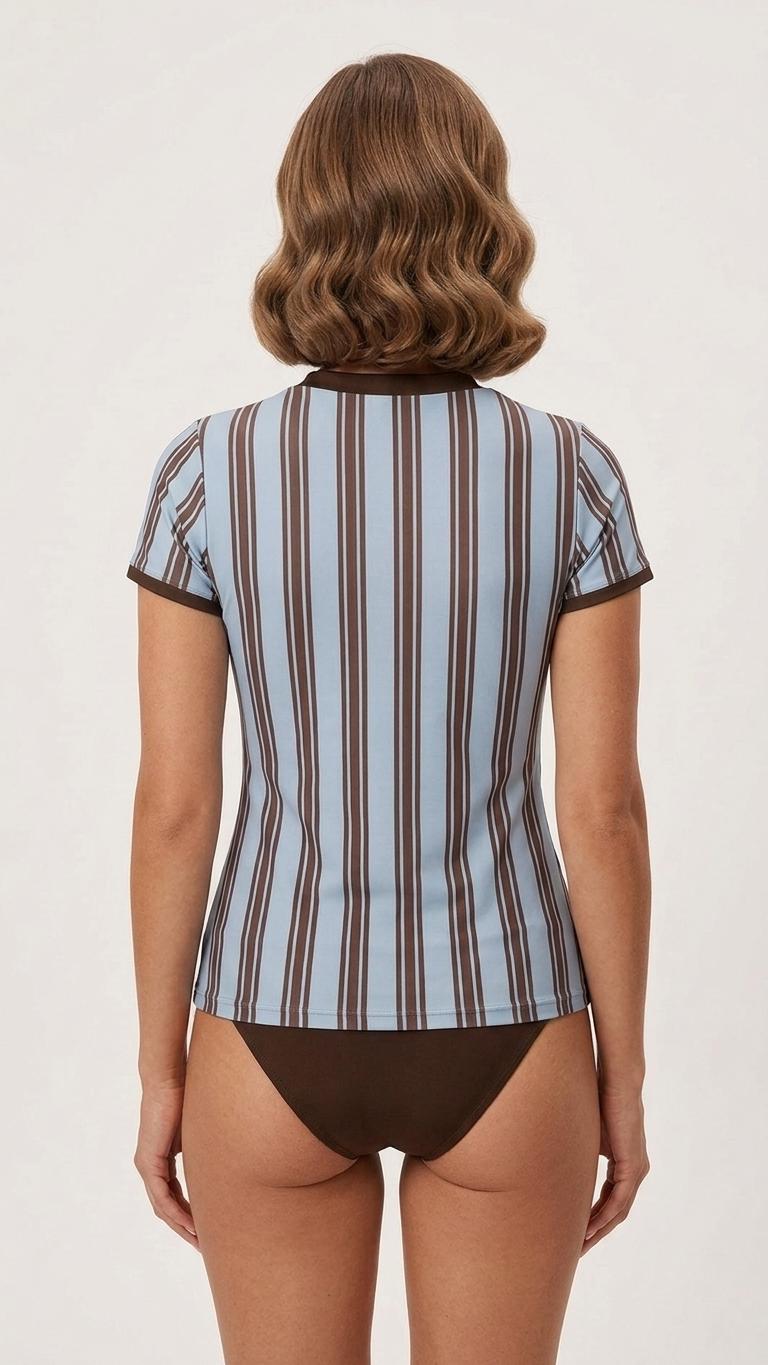Chic Minimalist Tankini – Stylish Short-Sleeve Rash-Guard Swim-Top & Briefs Swimsuit | Retro Blue and Chocolate Stripes