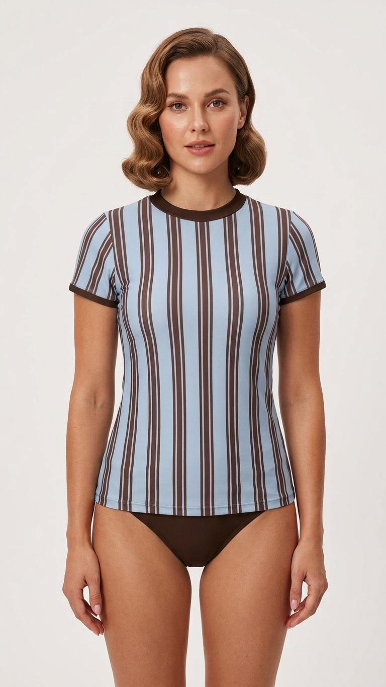 Chic Minimalist Tankini – Stylish Short-Sleeve Rash-Guard Swim-Top & Briefs Swimsuit | Retro Blue and Chocolate Stripes