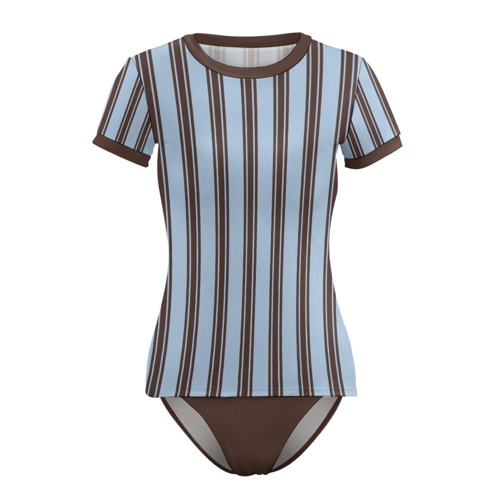 Chic Minimalist Tankini – Stylish Short-Sleeve Rash-Guard Swim-Top & Briefs Swimsuit | Retro Blue and Chocolate Stripes