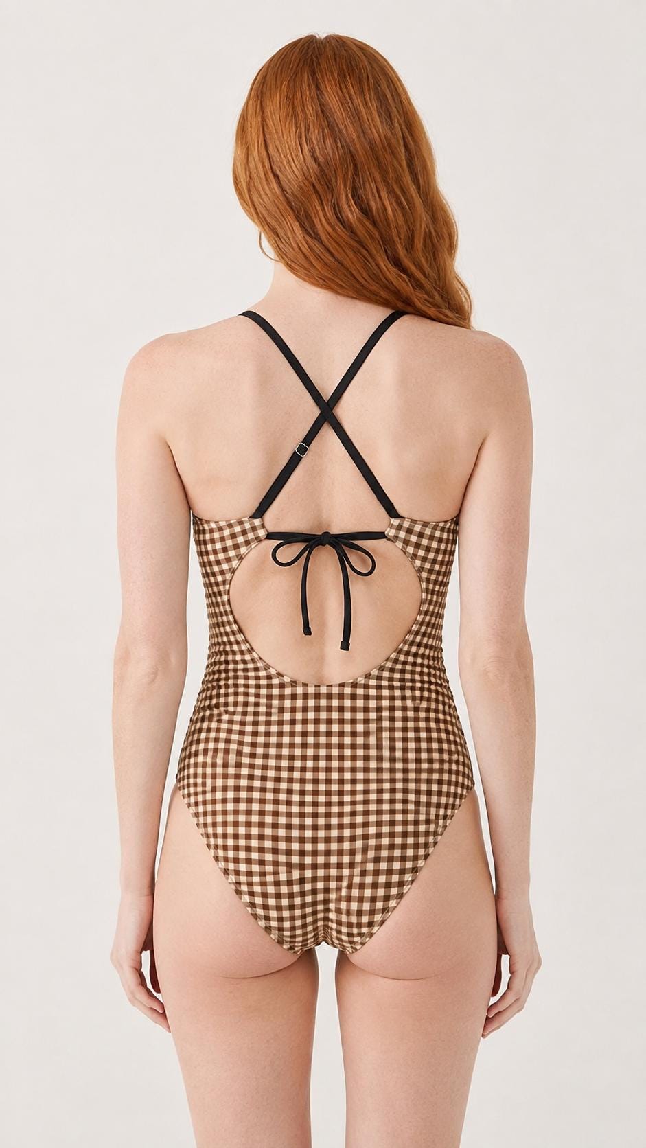 Halter Keyhole Cut-Out One-Piece Swimsuit, Lace-Up Back & Tummy Control, Retro Brown Gingham