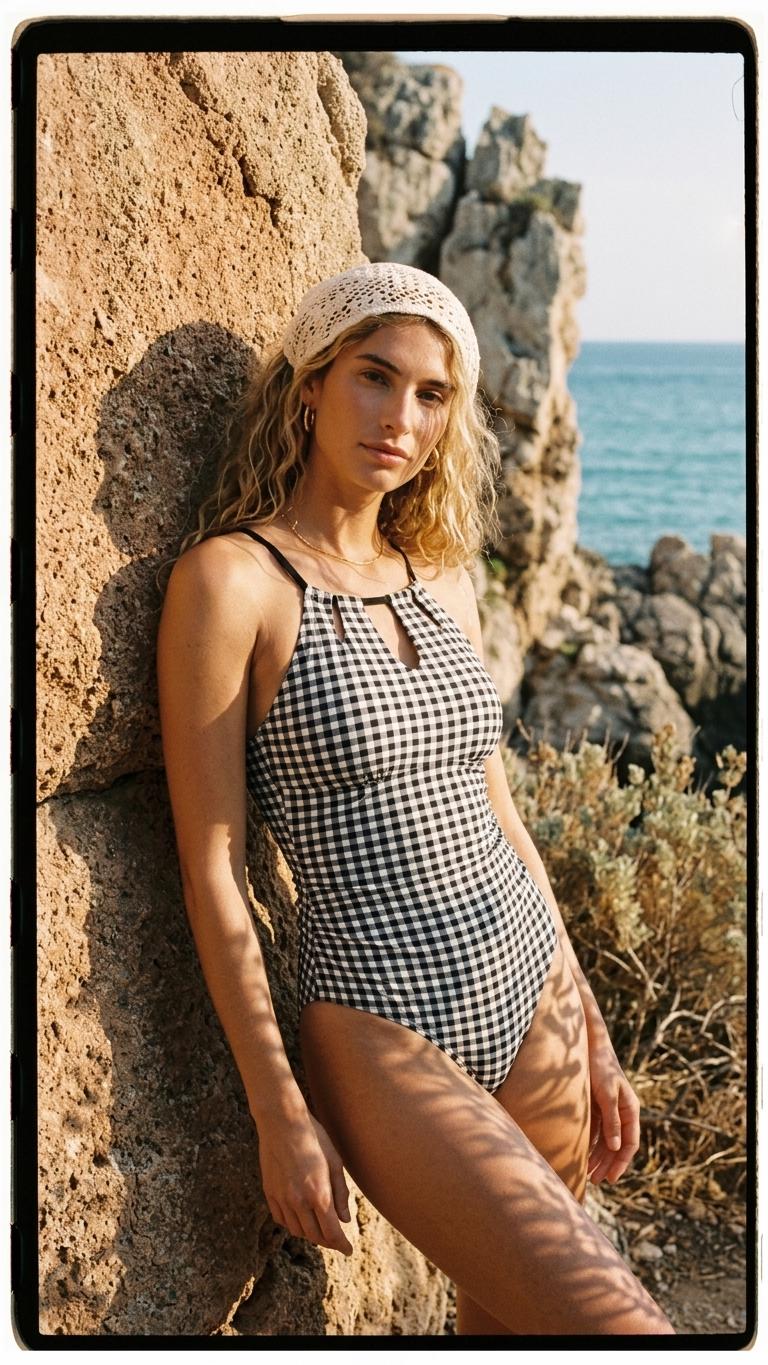 Halter Keyhole Cut-Out One-Piece Swimsuit, Lace-Up Back & Tummy Control, Retro Black Gingham