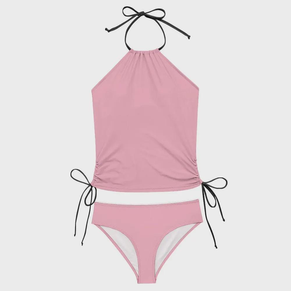 Retro Soft Blue or Pink Tankini – Surfer Two-Piece Swimsuit, Halterneck Drawstring, Flattering Fit