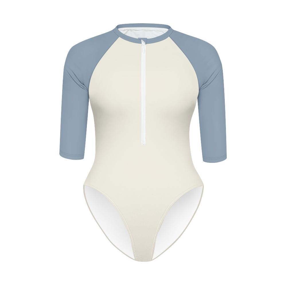 Two-Tone Classic Retro Lightweight One-Piece Swimsuit, Zip Front, High Leg, Rash Guard - Unlined