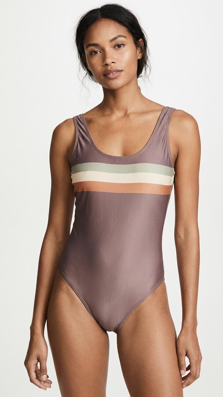 Classic Retro Surf Striped One-Piece Swimsuit | Scoop Back Sporty Swimwear | 1970s Purple & Stripes