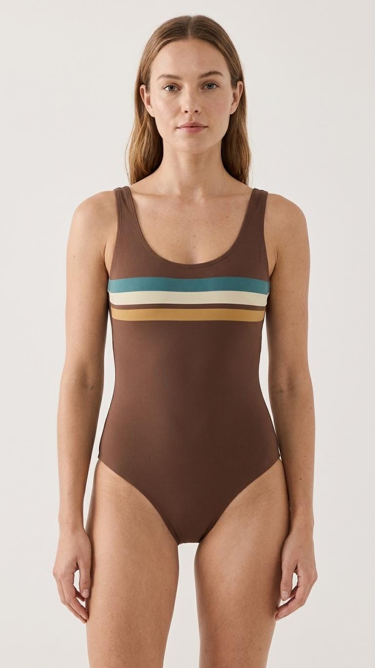Classic Retro Striped One-Piece Swimsuit | Surf Swimwear | High-Leg | Brown