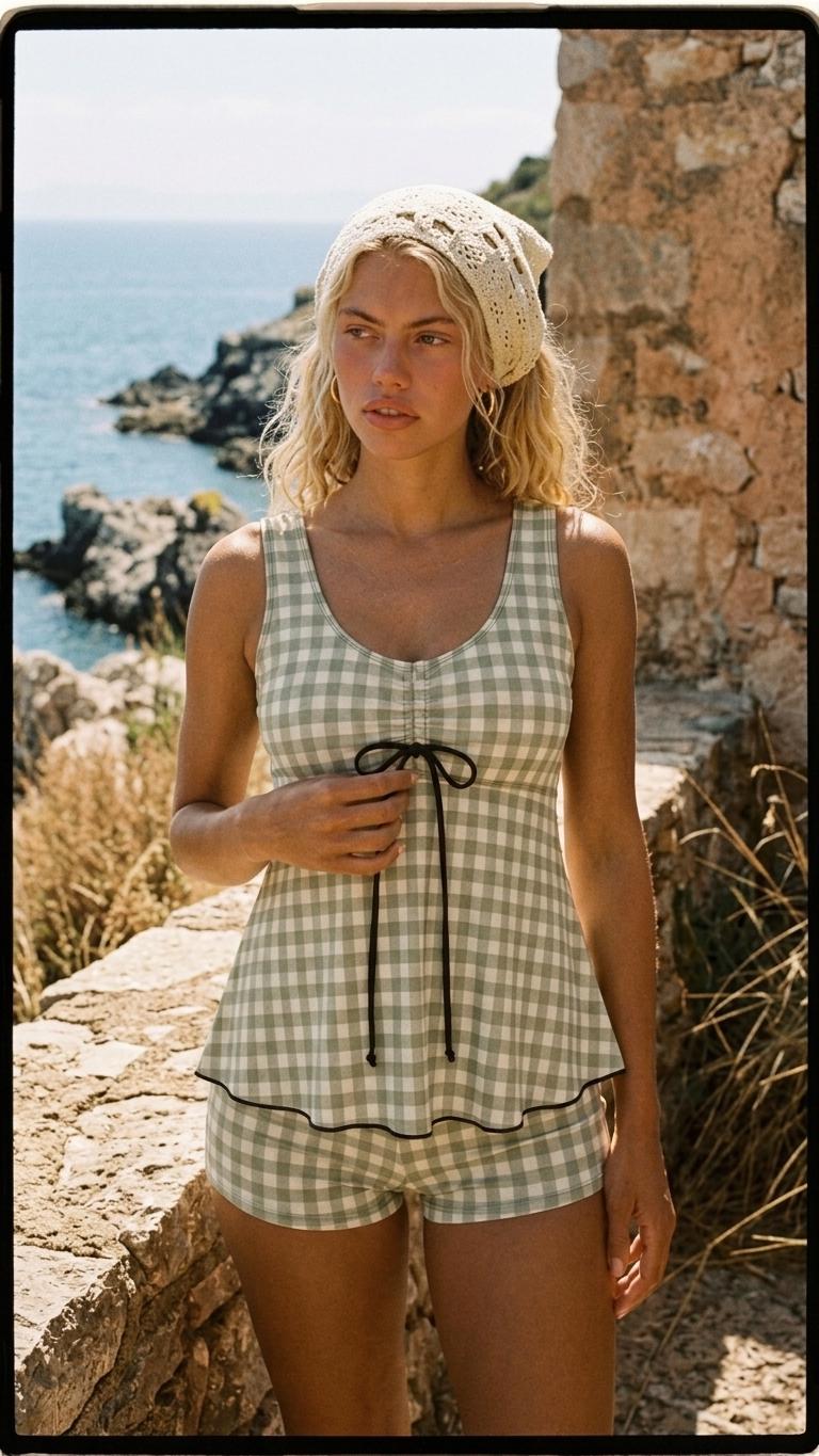 Drawstring Tankini Two-Piece Swimsuit with Boyshort Bottoms, Sage Green Gingham