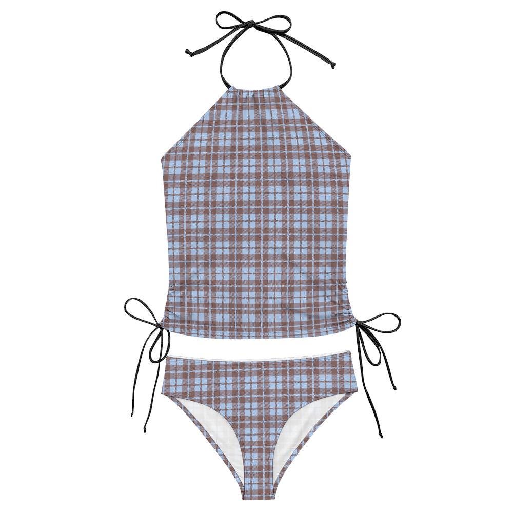 Retro Plaid Tankini: Blue & Chocolate Brown Halter Swimsuit with Drawstrings