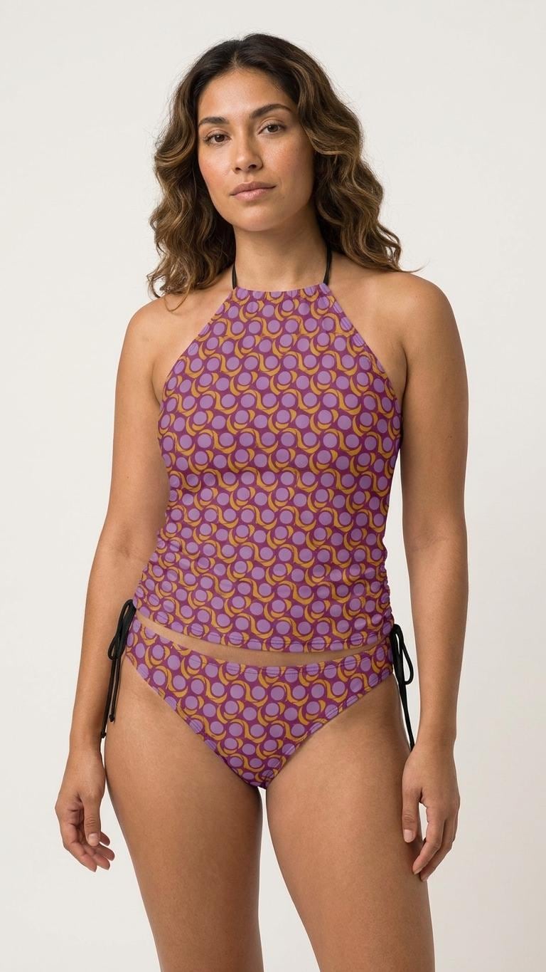 Retro Mod-Style Mid-Century Print Tankini – Vintage-Inspired Two-Piece Drawstring Halterneck Swimsuit in Purple
