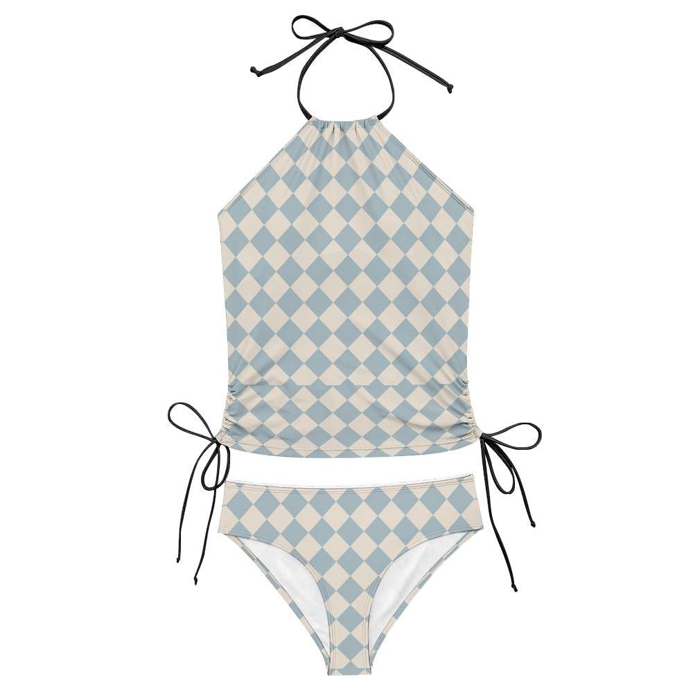 Retro Tankini, Halter Swimsuit with Drawstrings, Blue Diamonds Harlequin