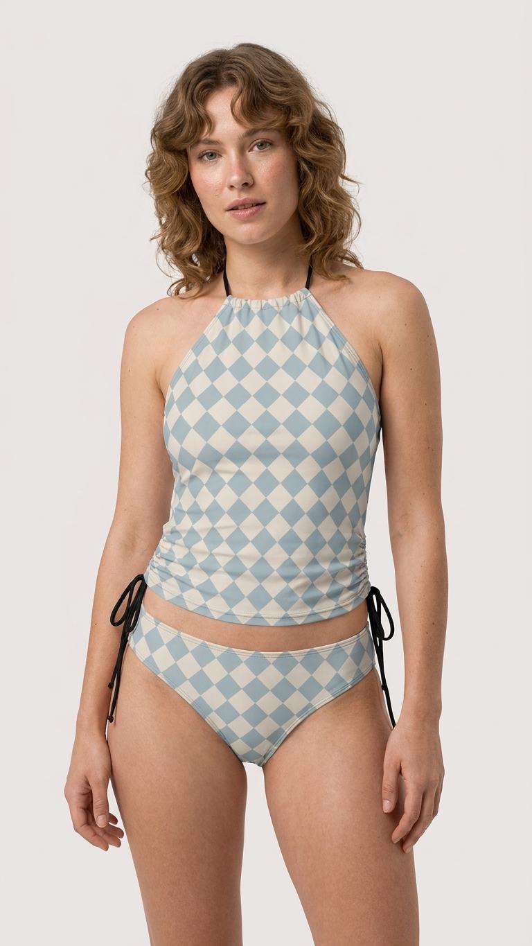 Retro Tankini, Halter Swimsuit with Drawstrings, Blue Diamonds Harlequin