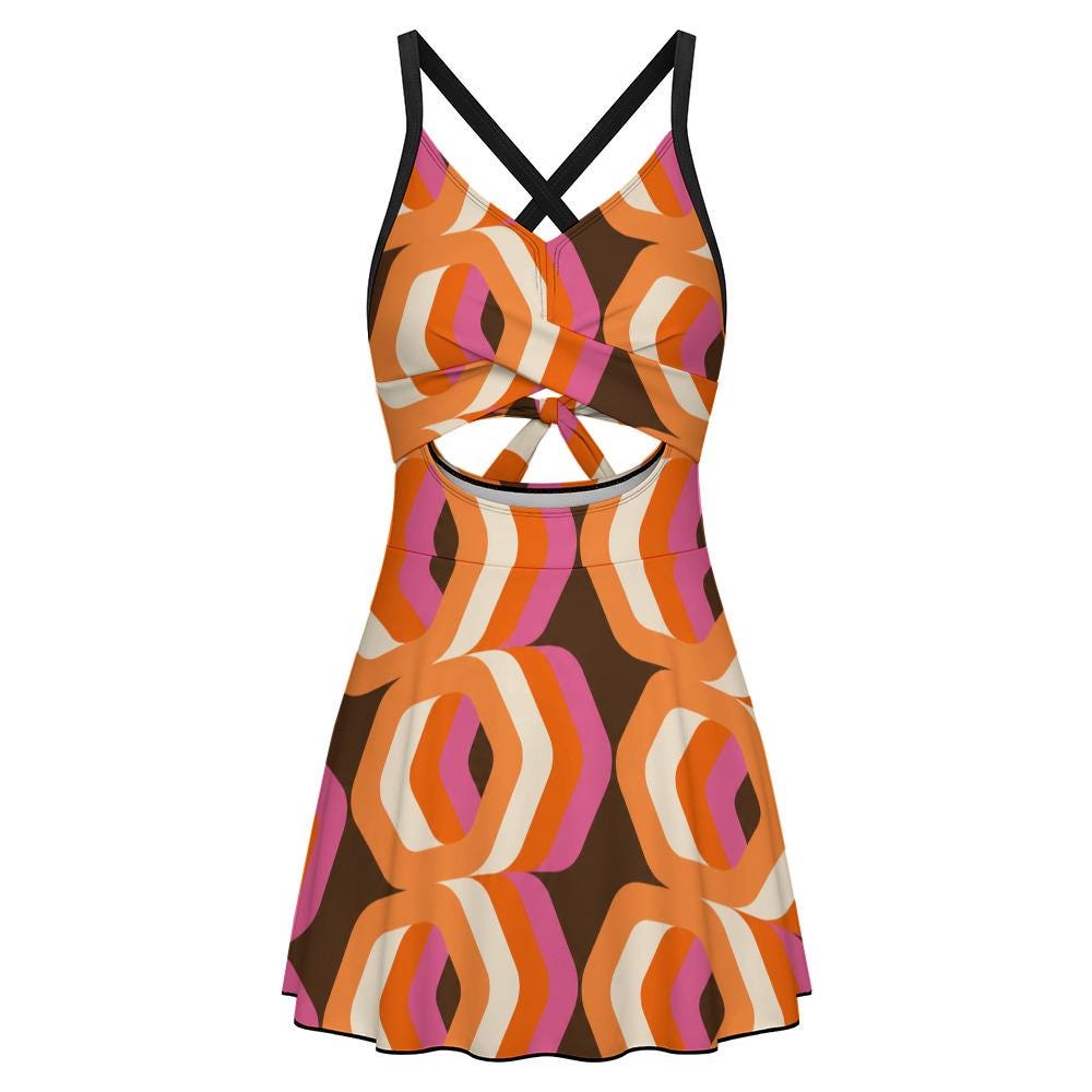 Skirted One-Piece Swimsuit with Cut-Out Detail | Integrated Bottoms | Brown Vintage Mid Century Mod Print