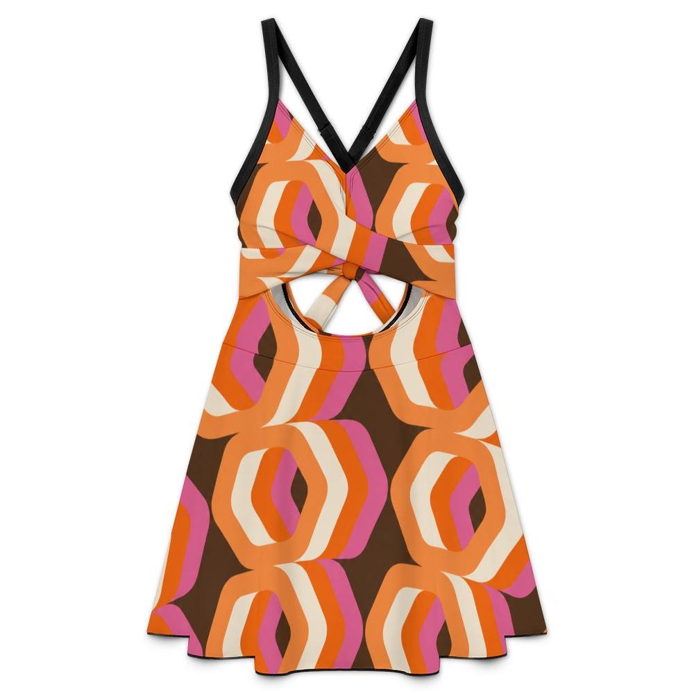 Skirted One-Piece Swimsuit with Cut-Out Detail | Integrated Bottoms | Brown Vintage Mid Century Mod Print